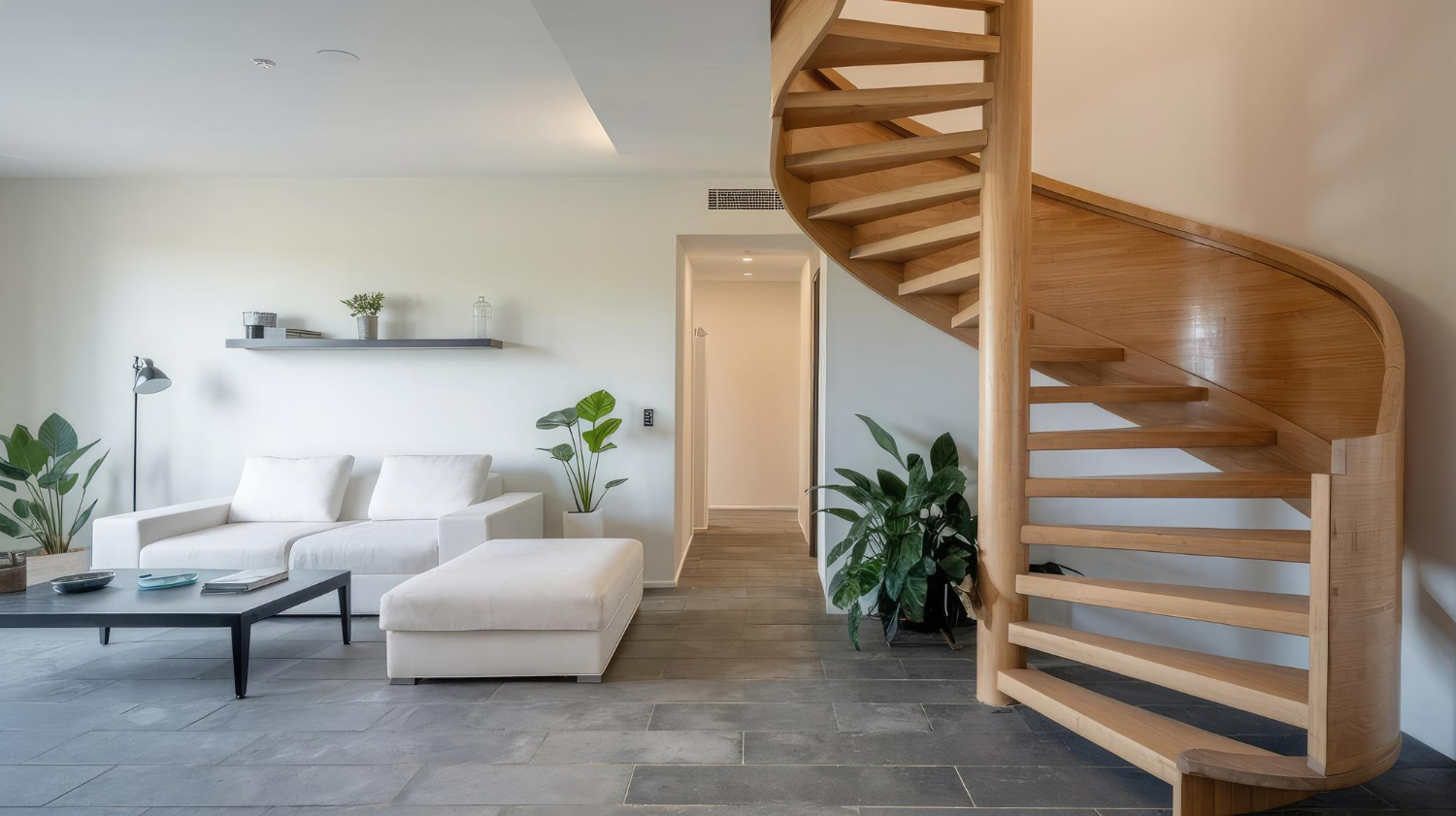 Un salon moderne avec un escalier en spirale